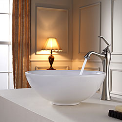 KRAUS Soft Round Ceramic Vessel Sink in White with Ventus Faucet in Brushed Nickel