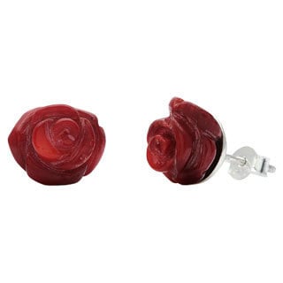 Sterling Silver Hand-carved Coral Flower Earrings (India)