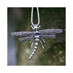 Sterling Silver 'Enchanted Dragonfly' Amethyst Necklace (Indonesia)