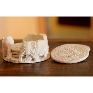 Carved Roses with Elephant Holder Barware or Entertaining Decorator Accent Hostess Gift Beige Marble Drink Coasters (India)