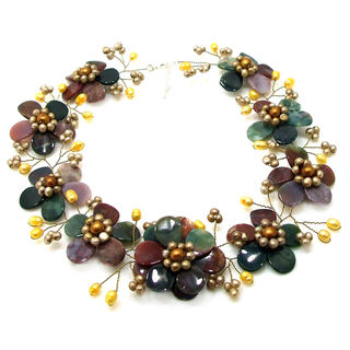 Sublime Floral Multicolor Jasper-Gold Pearl Necklace (Thailand)