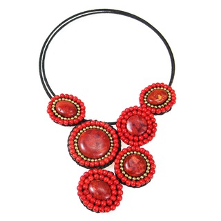 Handmade Mosaic Charm Red Coral- Brass Beads Cotton Rope Choker (Thailand)