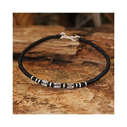 Handmade Waxed Polyester Cord Silver Accent Hill Tribe Smile Wristband Bracelet (Thailand)