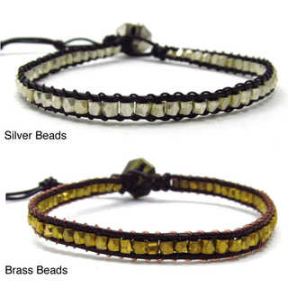Silver or Brass Bead Triple Wrap Leather Bracelet (Thailand)