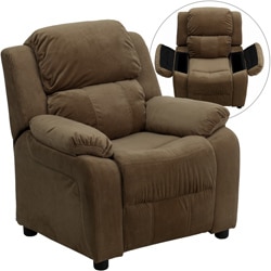 Deluxe Heavily Padded Contemporary Brown Microfiber Kids Recliner with Storage Arms