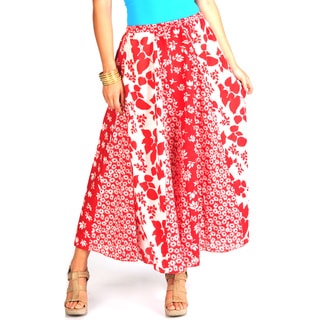 La Cera Women's Red/ White Multi Floral-print Stripwork Swirl Skirt