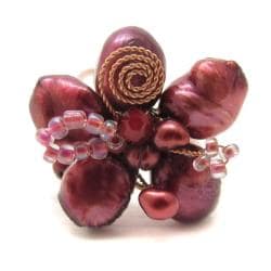 Freshwater Dyed Maroon Pearl Flower Adjustable Ring (Thailand)