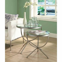 Satin Silver 2-piece Nesting Table Set with Tempered Glass
