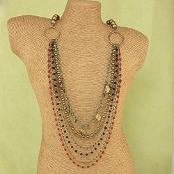 Handcrafted Long Glass Beads,Brushed Metal and Coins Necklace (India)