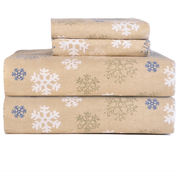 Pointehaven Snowflakes Oatmeal Printed Heavyweight Flannel Bed Sheet Set