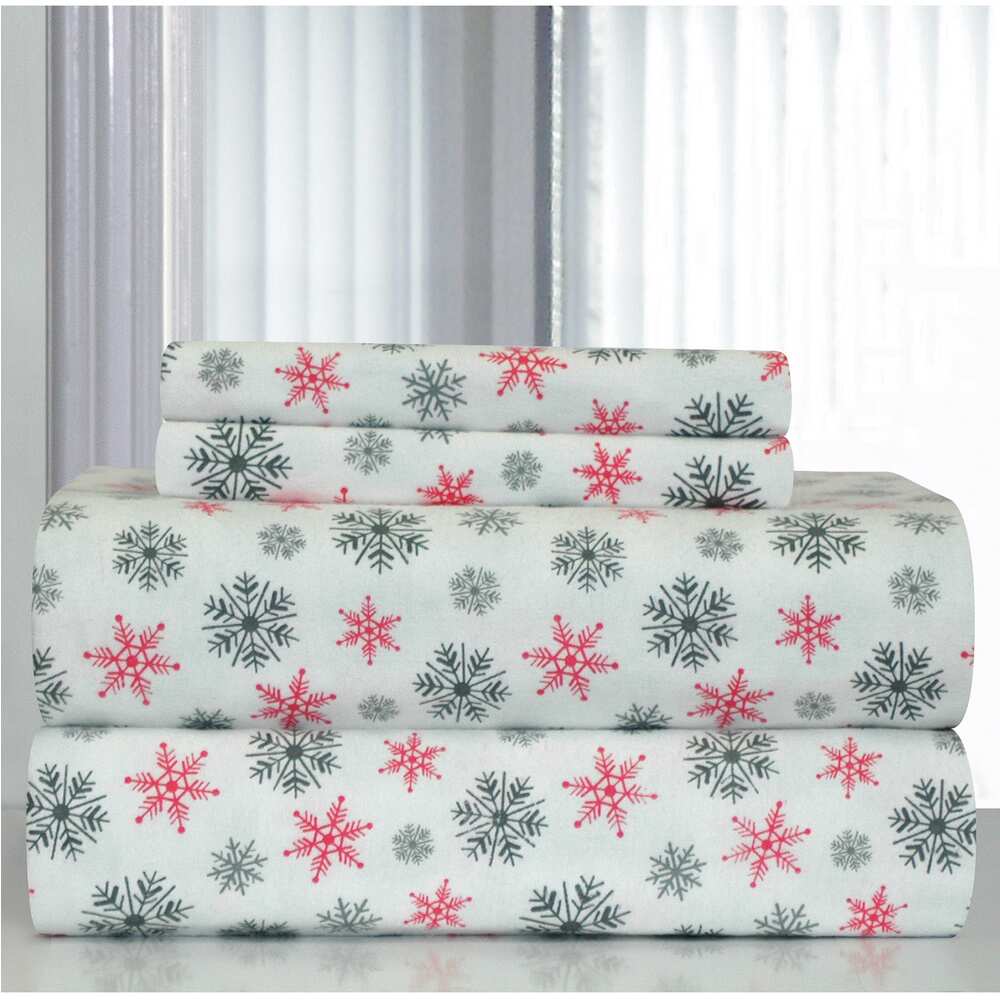 Pointehaven White Snowflakes Printed Heavyweight Flannel Bed Sheet Set