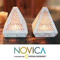Set of 2 Soapstone Handmade 'Lace Pyramid' Candleholders (India)