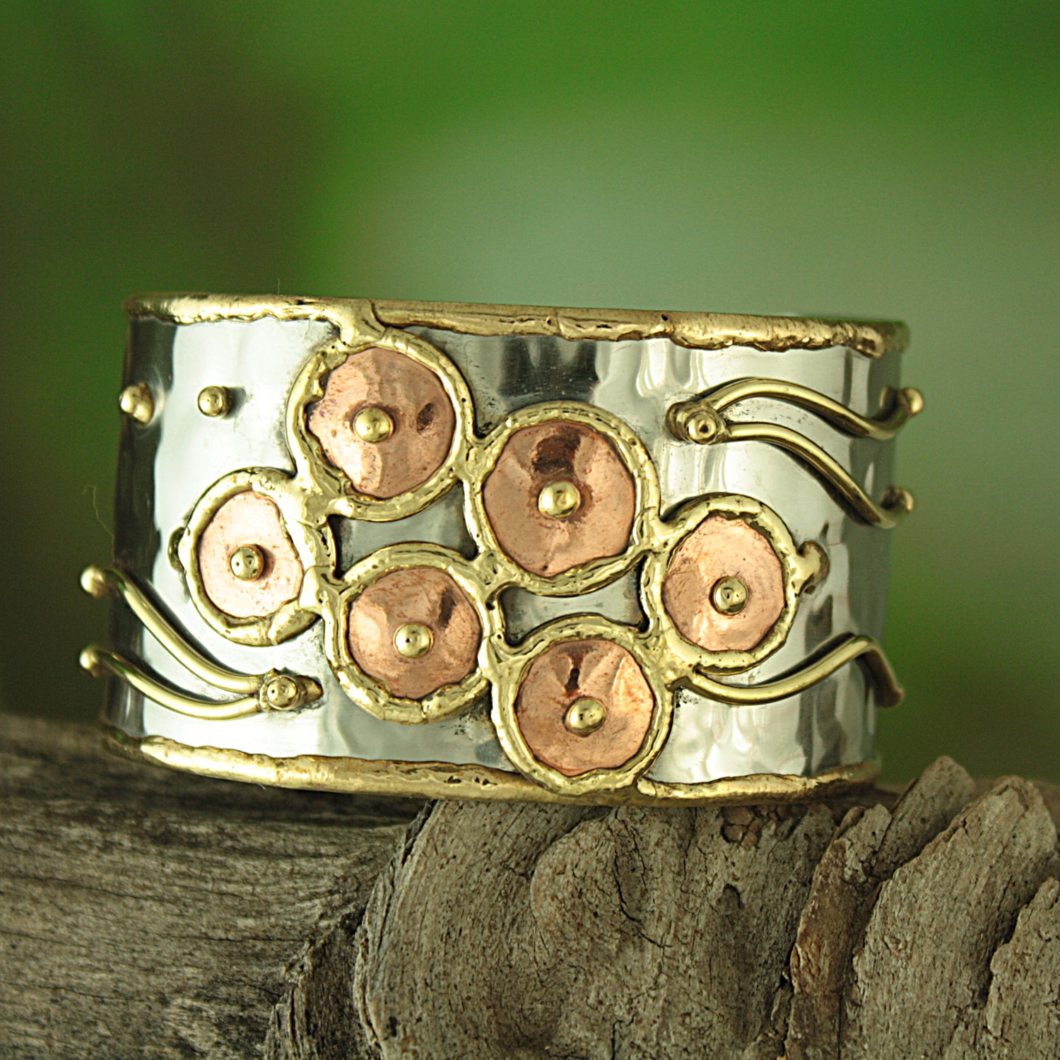 Handmade Hammered Brass/ Copper Happy Circles Cuff Bracelet (India)