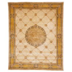 Asian Hand-knotted Medallion Ivory/ Gold Wool Rug (10' Square)