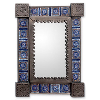 Handcrafted Tin and Ceramic 'Colonial Blue'Small Wall Mirror (Mexico)