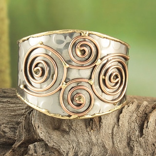 Handcrafted Hammered Brass and Copper Swirls Cuff Bracelet (India)
