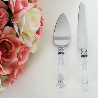 Wedding Party Cake Knife Server Set with Faux Crystal Handle and Diamond Accents