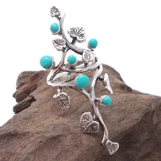 Sterling Silver Beautiful Vine Leaves Round Turquoise Ring (Thailand)