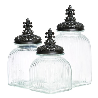 Casa Cortes Baroque Fleur De Lis 3-piece Black Lid Glass Canister Set