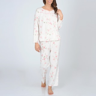 La Cera Women's Ivory and Pink Floral Knit Pajama Set
