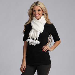 Cashmere Showroom Women's White Rayon from Bamboo Pom-pom Scarf