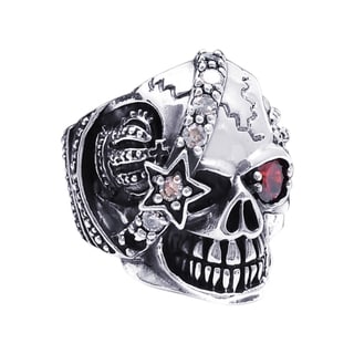 Sterling Silver Punk Skull Crown Star Cubic Zirconia Ring (Thailand)