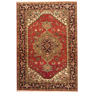 Herat Oriental Indo Hand-knotted Heriz Red and Black Wool Rug (6' x 9')