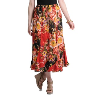 La Cera Women's Black and Red Floral Printed Maxi Skirt