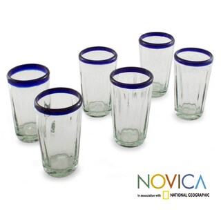 Set of 6 Handcrafted Blown Glass 'Cobalt Groove' Tumblers (Mexico)