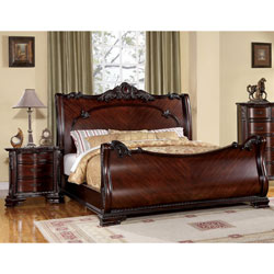Furniture of America Luxury Brown Cherry Baroque Style Sleigh Bed with Nightstand Bedroom Set