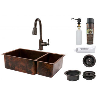 Premier Copper Products 75/25 Double Basin Sink with Pull Down Faucet Package