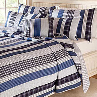 Cameron Contemporary Blue and White Cotton Striped 3-piece Quilt Set
