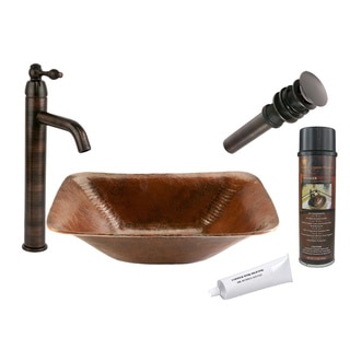 Premier Copper Products Rectangular Single-Handle Hammered Copper Surface Vessel Faucet Package