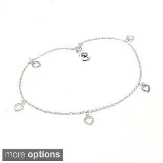 Sterling Silver Charming Hearts Dangle Jingle Bell Anklet (Thailand)