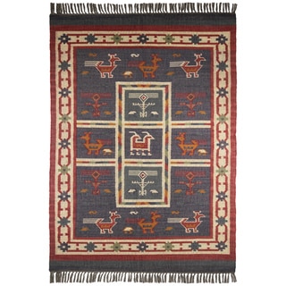 Hand-woven Blue Tribal Print Wool and Jute Rug (8' x 10')