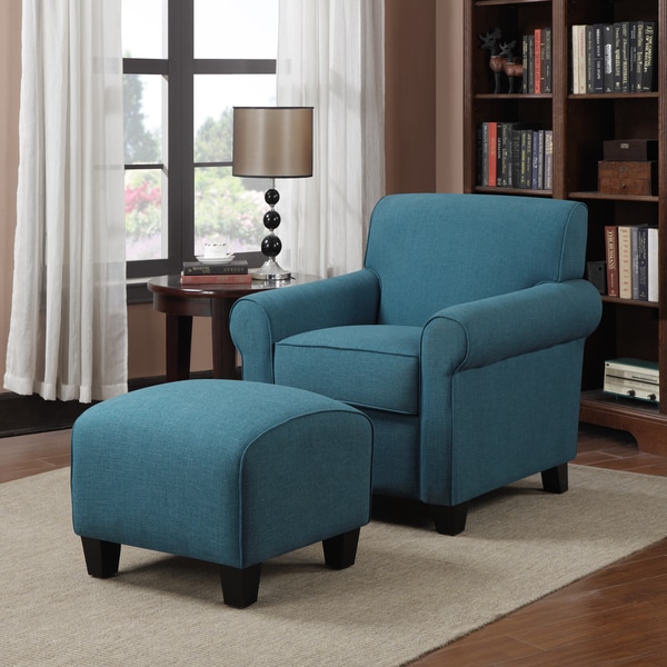 Handy Living Mira Caribbean Blue Linen Arm Chair and Ottoman