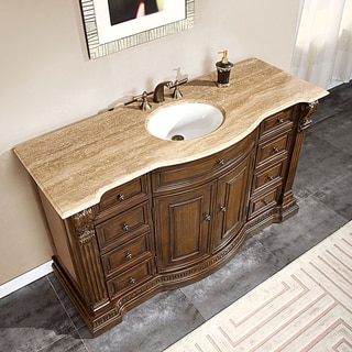 Silkroad Exclusive 60-inch Travertine Stone Top Bathroom Vanity