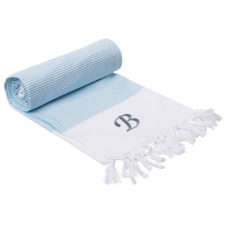 Authentic Pestemal Fouta Aqua Blue and White Pencil Stripe Turkish Cotton Bath/ Beach Towel with Monogram Initial