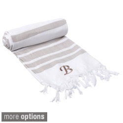 Authentic Pestemal Fouta Tan Bold Stripe Turkish Cotton Bath/ Beach Towel with Monogram Initial