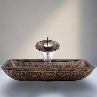VIGO Golden Greek Glass Vessel Sink and Waterfall Faucet Set
