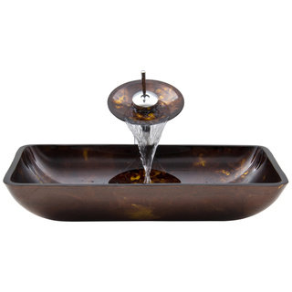 VIGO Rectangular Brown and Gold Fusion Glass Vessel Sink and Waterfall Faucet Set in Chrome