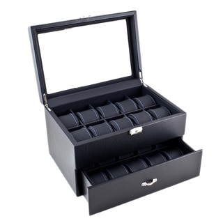 Caddy Bay Collection Black Carbon Fiber Pattern Blue Stitching Wooden Watch Box Display Case