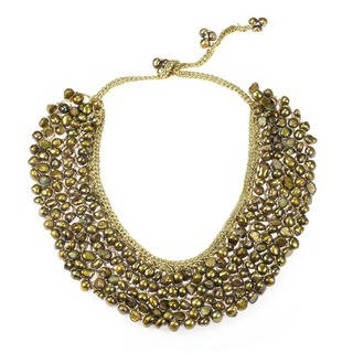 Freshwater Dyed Green Pearls Collar Bib Silk Net necklace (Thailand)