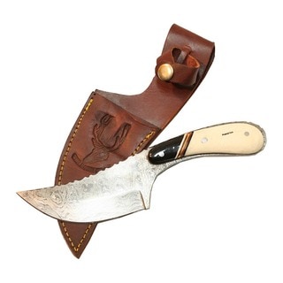 Full Tang 8.5-inch Damascus Skinner Knife Bone Handle Series Leather Sheath