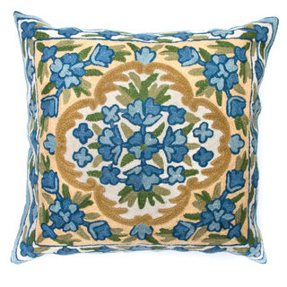 Chain Stitch Embroidery Bluebell Kashmir Cushion Cover (India)