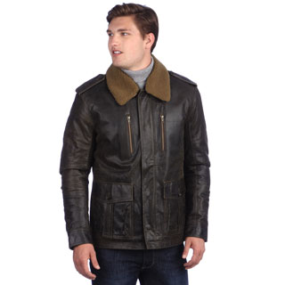 United Face Men's Brown Distressed Leather Military Jacket
