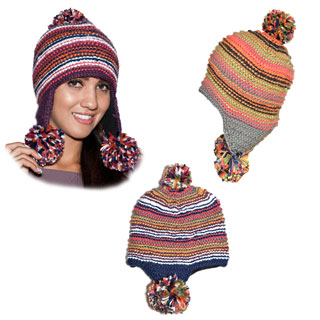 Tripple Dangle Pompom Acrylic Hand-knit Hat (Nepal)