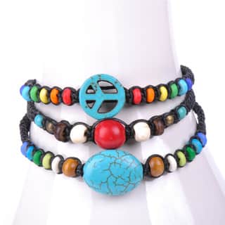 Thai-handicraft Set of 3 Turquoise Red Coral and Multicolored Wooden Beads Waxcord Bracelets (Thailand)