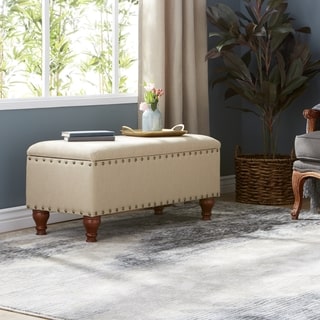 Tan Upholstered Storage Bench with Nailhead Trim by HomePop
