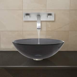 VIGO Sheer Black Glass Vessel Sink and Brushed Nickel Wall Mount Faucet Set